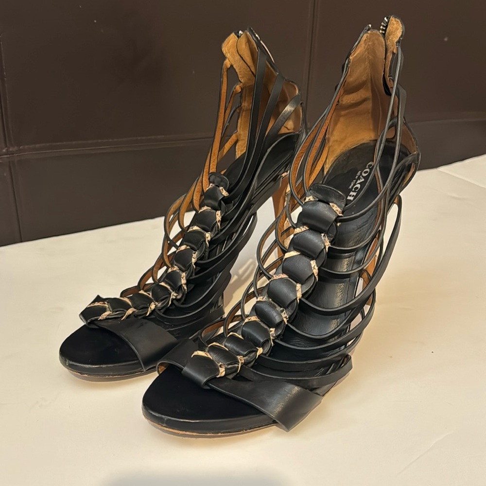 Coach Josey Zip Up Black Leather & Snakeskin Accent Strappy heels 👠
